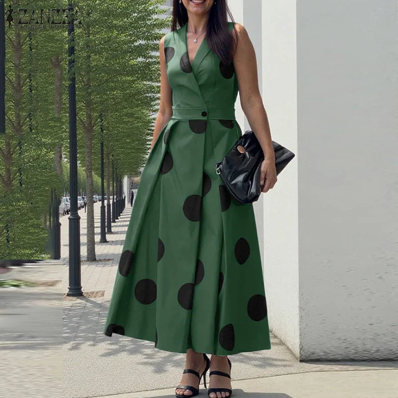 ZANZEA Summer Office Lady Sundress Woman Stylish Polka Dot Maxi Dresses Elegant Party Dress Fashion Sleeveless Holiday Robe 2025