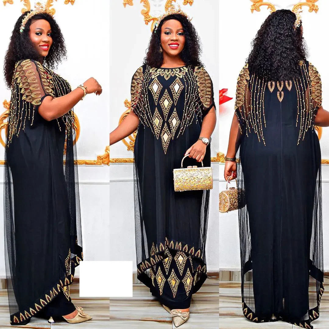 African Dresses For Women Short Sleeve Turkey Diamonds Evening Wedding Party Floor Length Dress Muslim Africa Clothes 2023