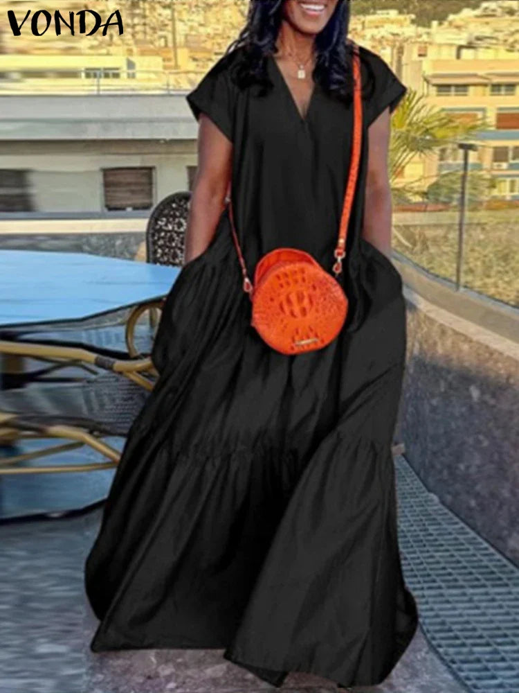 Plus Size Women Bohemian Dress Summer Sundress Solid Color Casual Short Sleeve Party