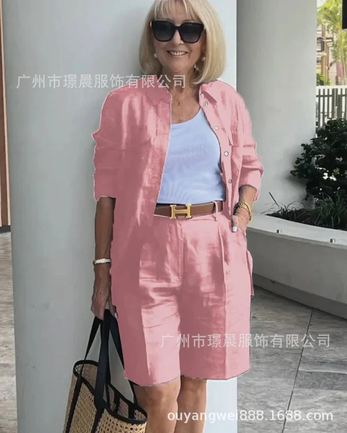 2025 Elegant 2-Piece Sets For Women Womens Cardigan Shirt Top Summer Solid Color Casual Shorts Two Piece New In Matching Sets
