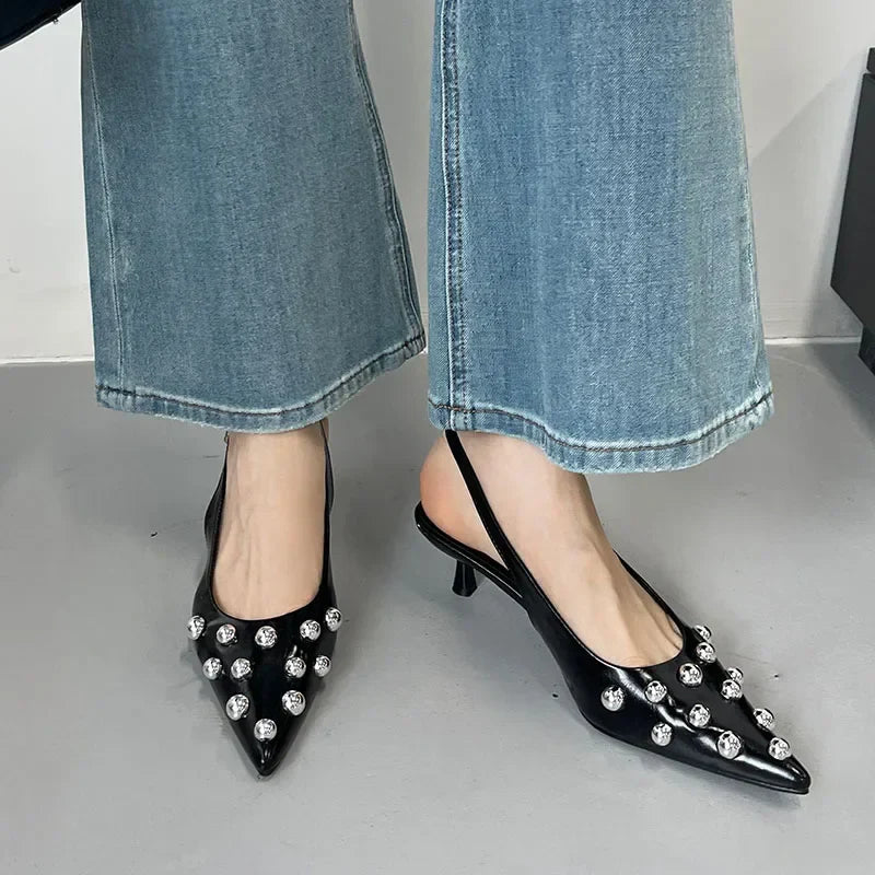Summer 2025 Fashion Rivet Design High Heeled Sandals Women Sexy Pointed Toe Back Strap Dress Shoes Stripper Pumps Zapatos Mujer