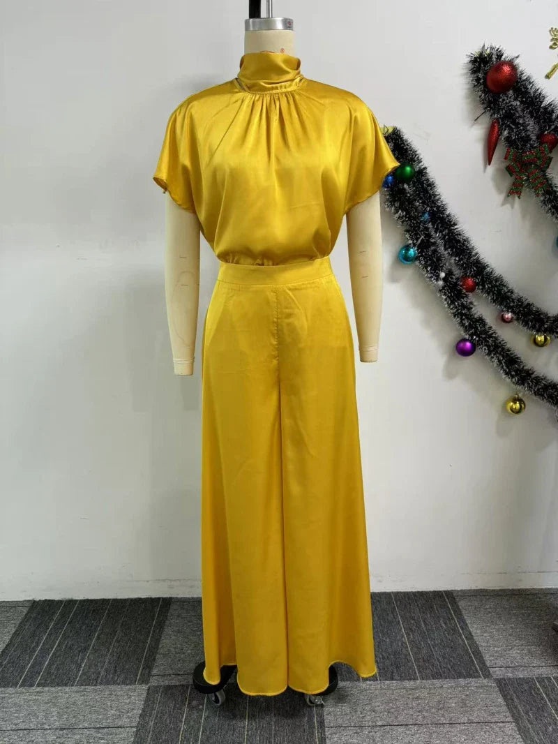 African Fashion 2024 New in Women Two 2 Piece Sets Outfit Soft Satin Lace Up Top and Wide Leg Pants Set Matching Set