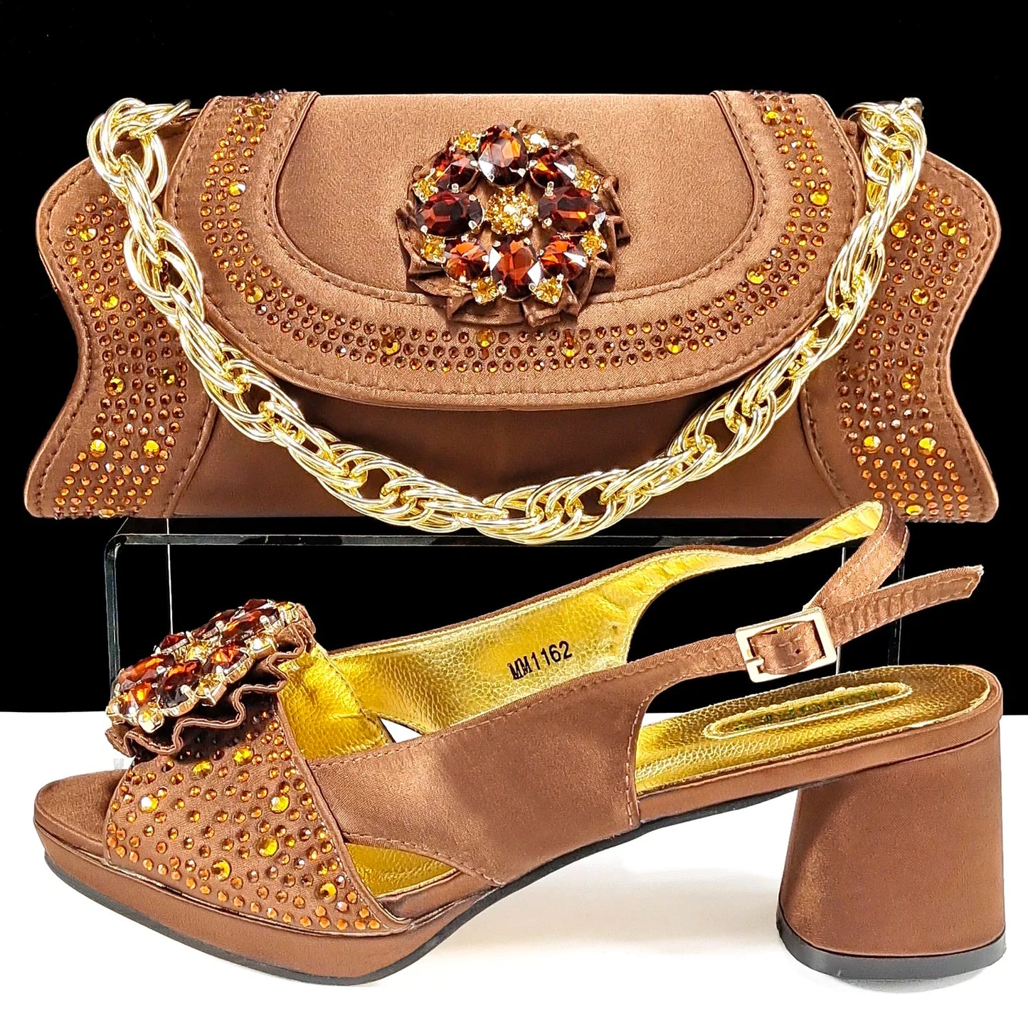QSGFC Open Toe Women Heels for 2024 Elegant Party Olive Color Diamond Pumps Italian Shoes and Bags Matching Set