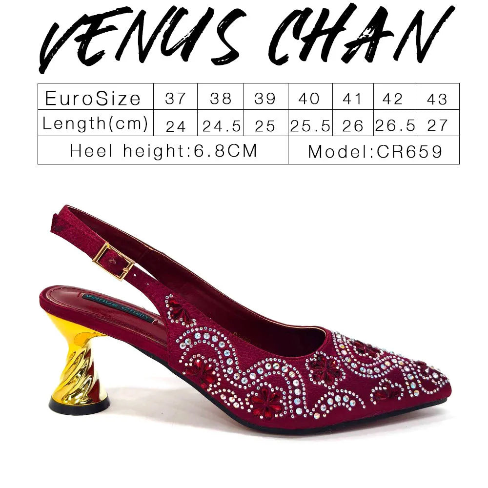 Elegant And Sexy Fuchsia Color High Heels Shoes And Bag With Rhinestone Embellished Toe Is Comfortable Women's Shoes For Party