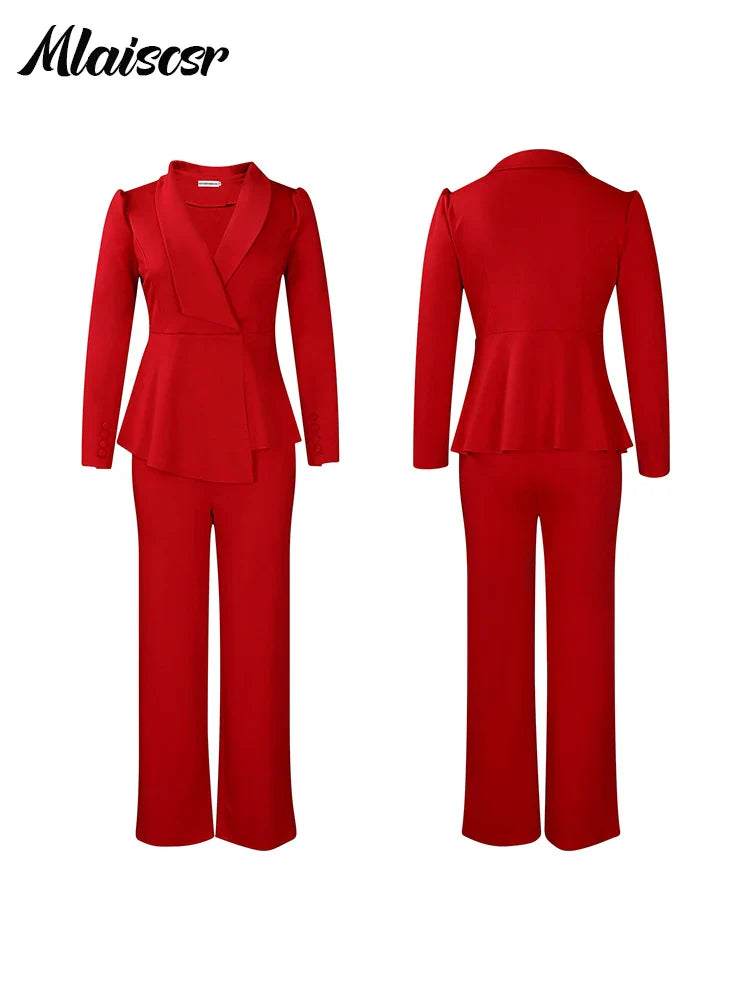 Mlaiscsr Office Lady Two Pieces Set Elegant Long Sleeves Tops and Wide Leg Straight Leg Pants Women Work Wear Business Suit 2025