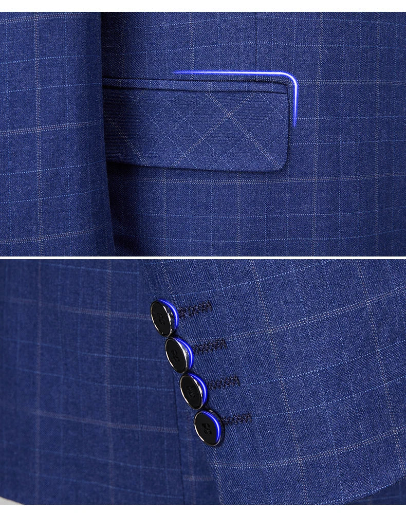 High-end Brand Classic Blue or Gray Plaid Men's Casual Business Suit Retro Official Suit Groom Wedding Dress Jacket Vest Pants