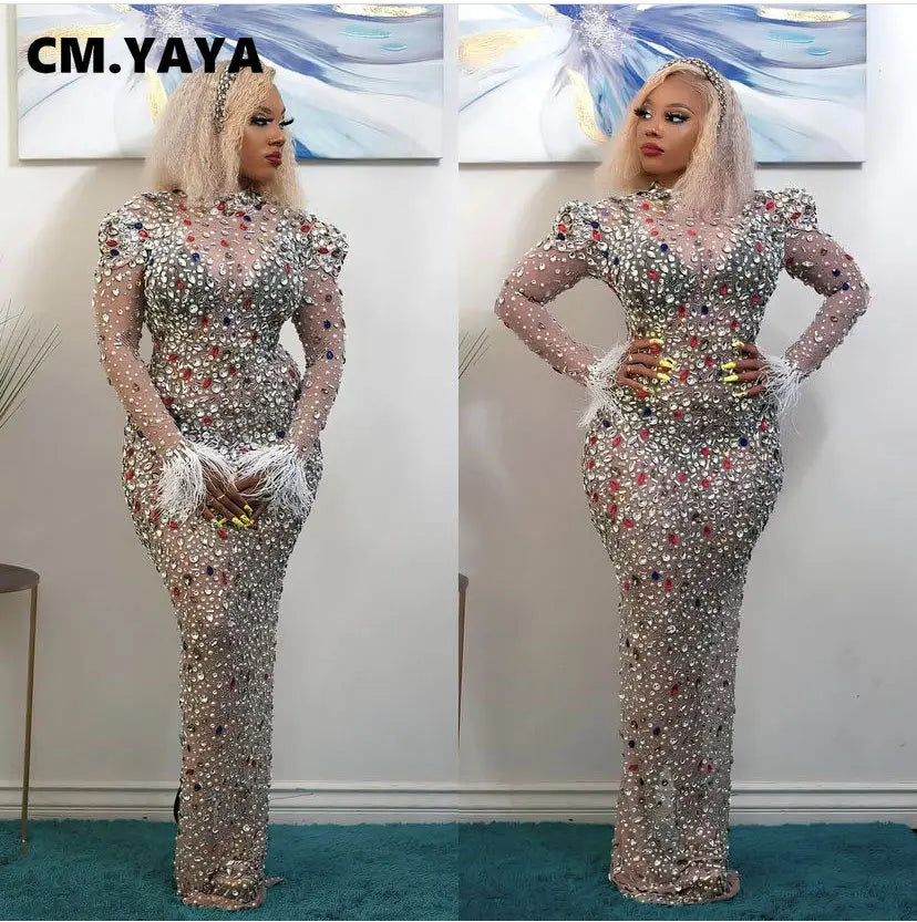 CM.YAYA Vintage Women Mesh See Though Crystal Feather Hem Long Sleeve Bodycon Midi Maxi Long Dress Sexy Party Club Dresses