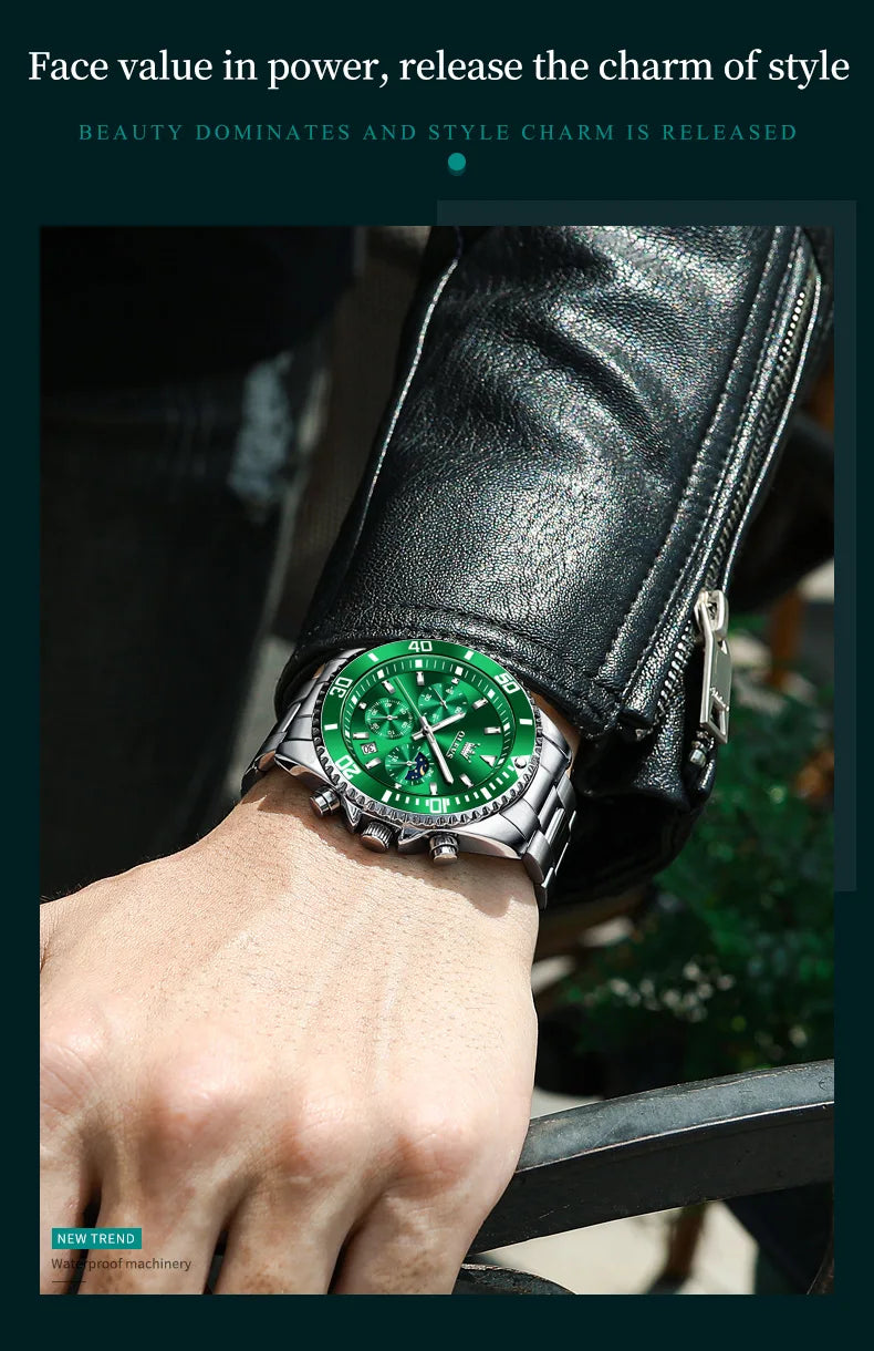 Men's Watches Top Brand Luxury Watch for Men Original Waterproof Stainless Steel Chronograph Moon Phase Date Rota Dial