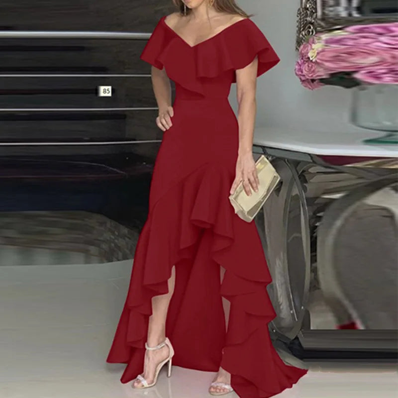 2023 Sexy V Neck Ruffles Party Dress Femme Elegant Summer Fashion Solid Sleeveless Slim Irregular Maxi Dresses For Women Robe