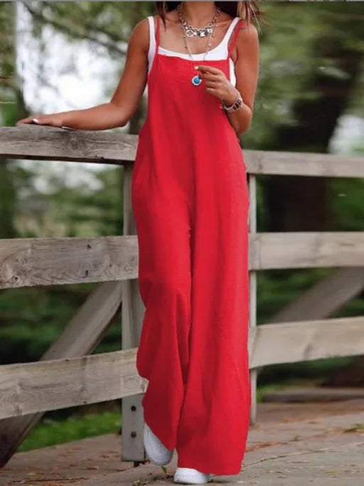Women's Sleeveless Plus Size Jumpsuit Cotton And Linen Solid Loose Wide Leg Slash Pocket Casual  Ankle-Length Pants 2024