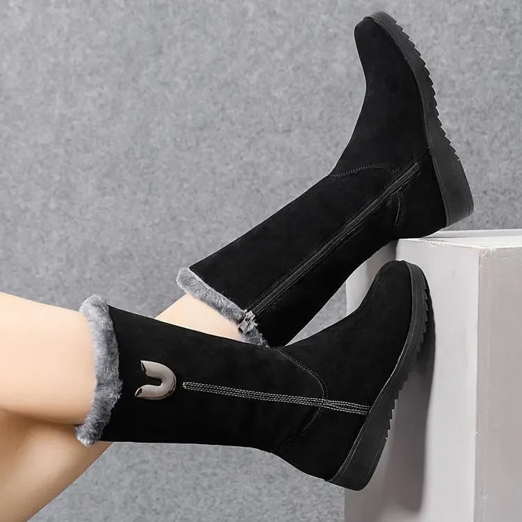 Warm High Fur Boots Women Winter Chunky Mid-calf Boots
