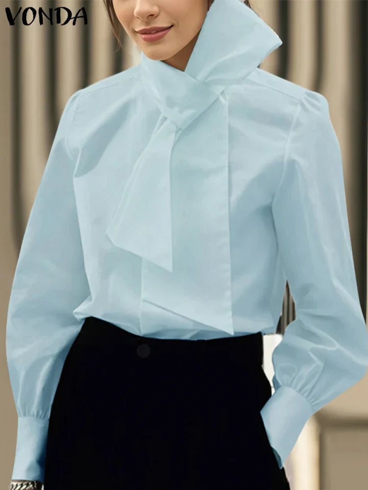 Plus Size 5XL VONDA Elegant Blouses Women Tops Streetwear Solid Color Casual Bow Collar Blusas 2024 Female Long Sleeve Shirts