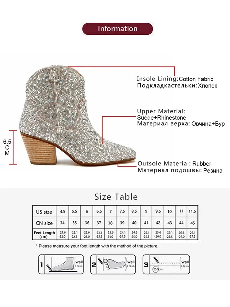 Western Cowboy Boots Fashion Women Ankle Boots Glitter Bling Shiny Trend High Heels High Quality Sexy Shoes Botas De Mujer 2024