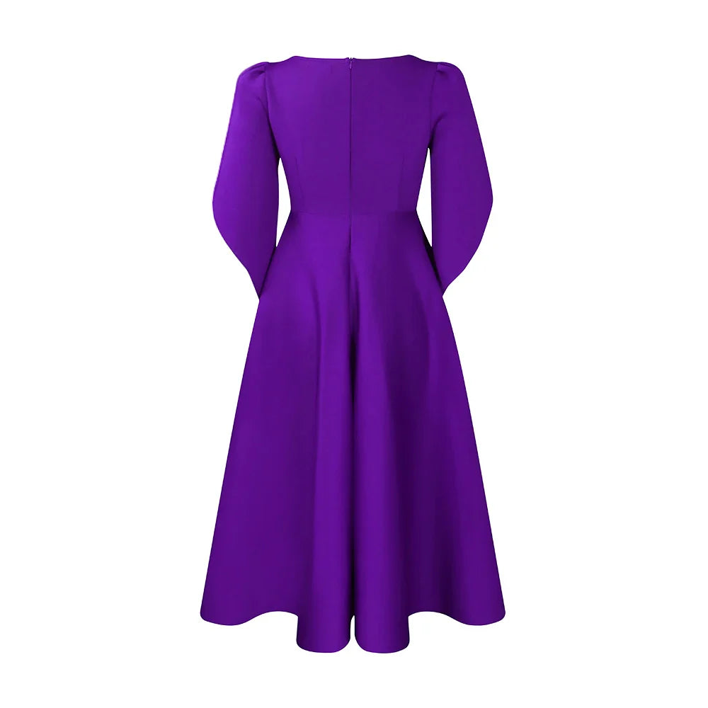 Elegant Dress Woman 2024 Wedding Party Round Neck Half Sleeve High Waisted Pleated Mid Calf Luxury Birthday Dinner Vestidos Robe