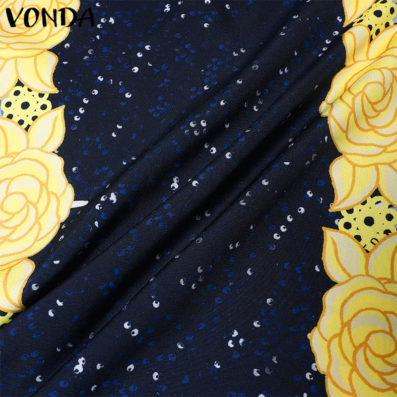 VONDA Bohemian Vestidos 2024 Women Casual Flared Long Sleeve Maxi Dresses Round Neck Loose Print Sundress Ruffles Pleated Robes