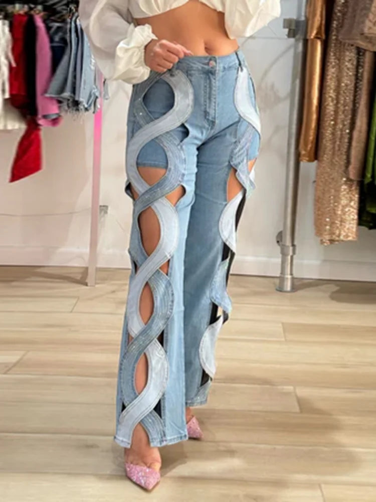 Women's Crisscross Streetwear Denim Trousers With High Waist Patchwork