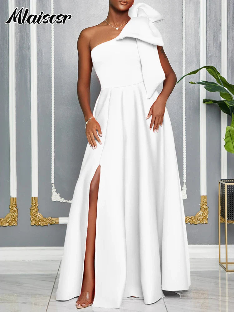 Mlaiscsr Slash Collar One Shoulder Big Bow A-Line Evening Dresses Women Elegant Red African Pleated Wedding Party Birthday Robe