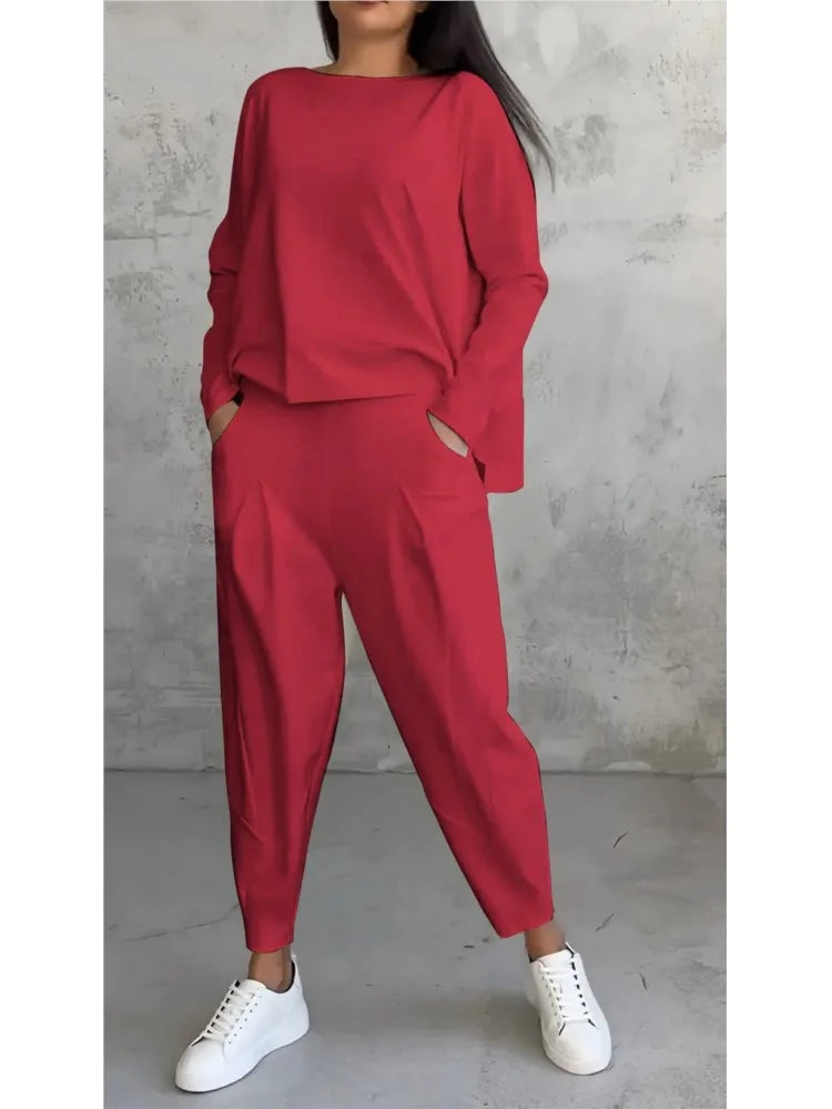 Spring Autumn Solid Women's Sports Set New Fashion Long Sleeve Irregular Loose Top Harem Pants Two Piece Set For Women Outfits