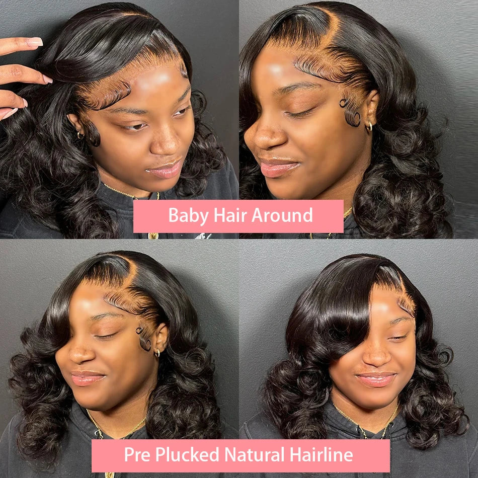 13x4 Short Body Wave Lace Frontal Bob Wig 200% Density Brazilian Remy 100% Human Hair Transparent Lace Wigs For Women 12 14 Inch