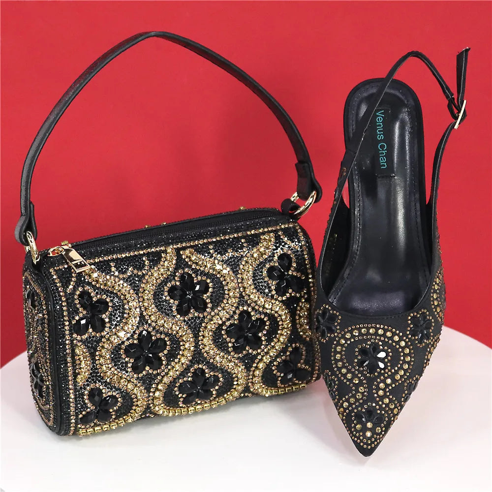 Elegant And Sexy Fuchsia Color High Heels Shoes And Bag With Rhinestone Embellished Toe Is Comfortable Women's Shoes For Party