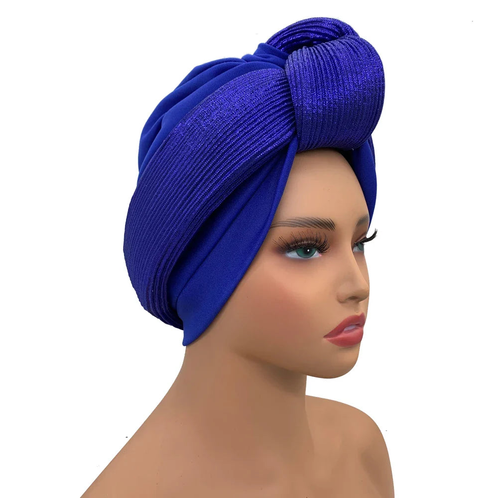 Fashion Women's Turban Cap Glitter Knoted Head Wraps African Auto Gele Nigeria Wedding Headtie Party Headwear Muslim Hat