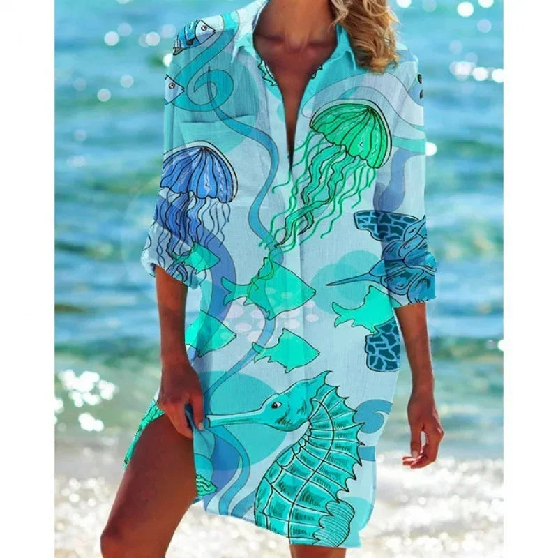 3.Boho Style Summer Cover-Up – Women's Tropical Print Beach Blouse Selection