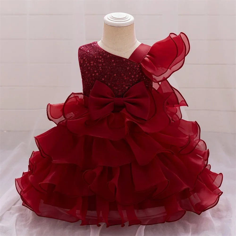 Luxury Baby Sequin Party Dress For Girl Christmas Toddler Layered Bow 1st Birthday Wedding Girl Dresses Formal Lace Baby Clothes