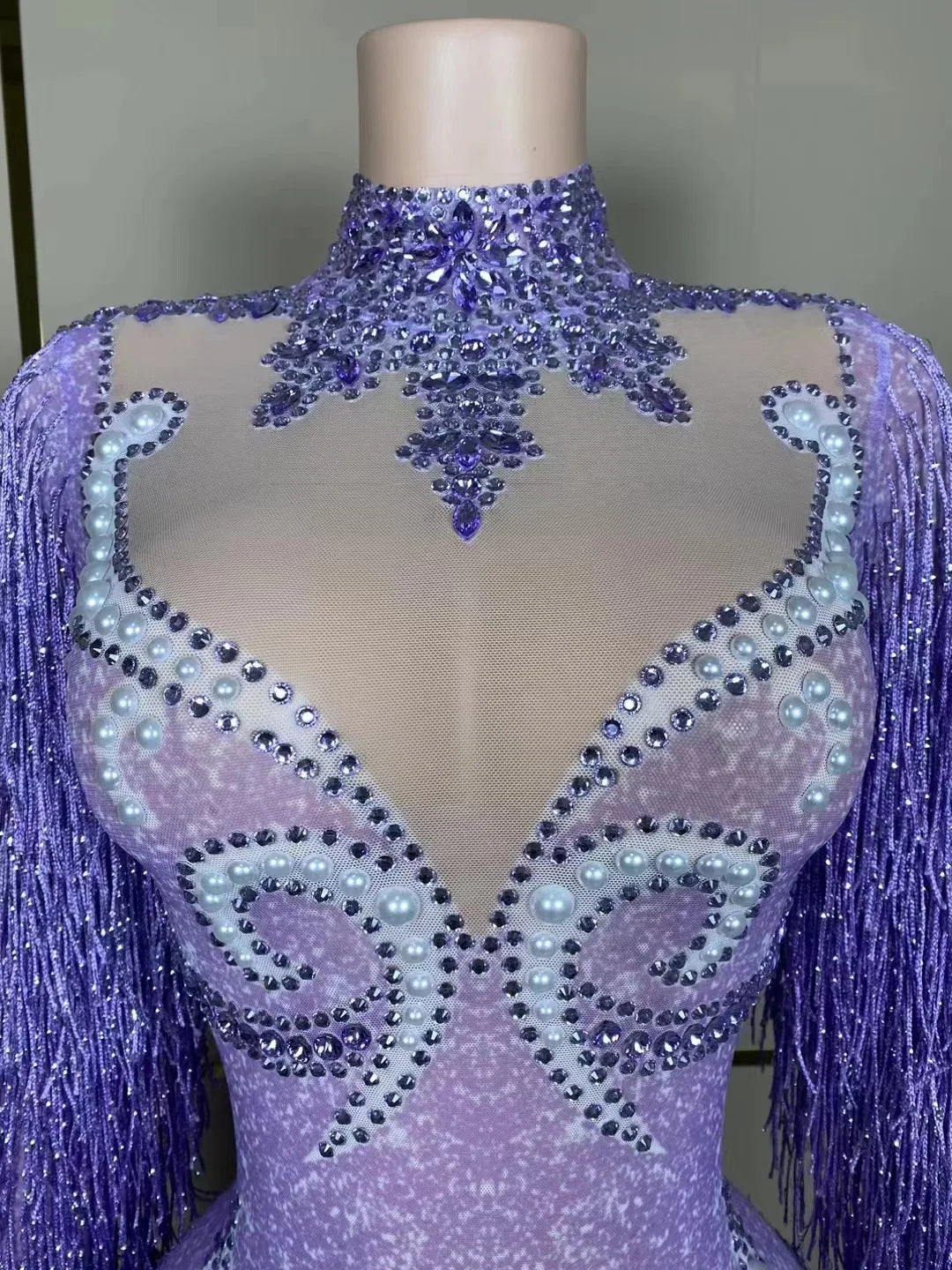 Stage Latin dance cha-cha dance practice suit stretch slim skirt fringe flash small diamond pearl design suit