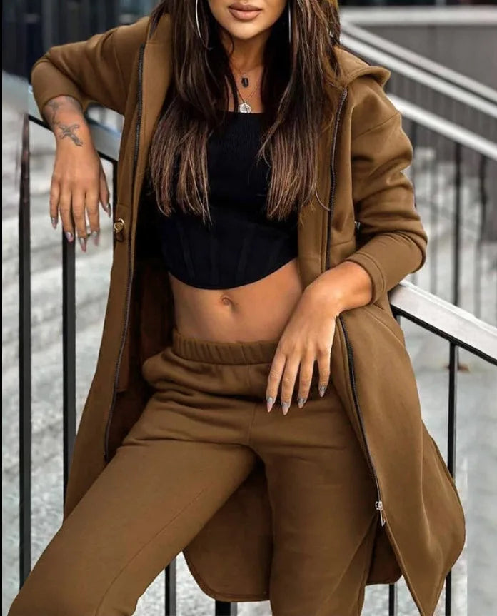 Women's Hooded Zipper Long Coats Tracksuit