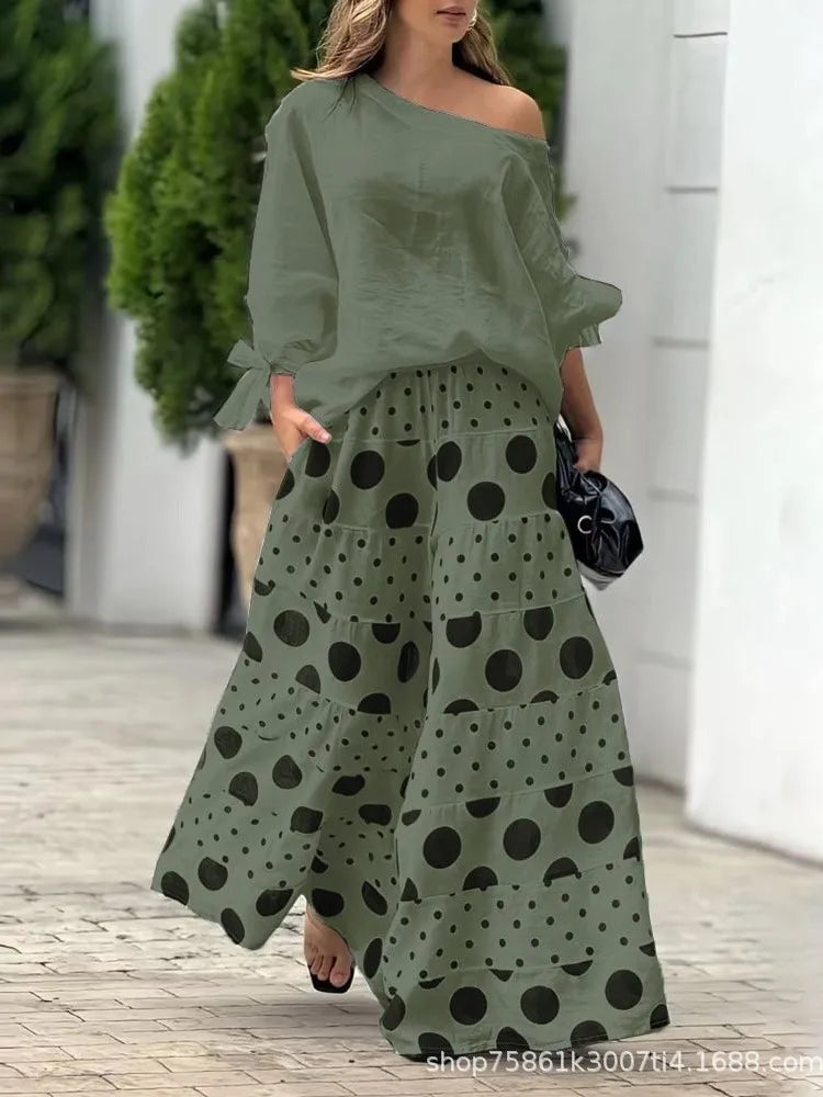 New Casual Set Fashion High Street Outfits Casual Diagonal Neck Hollow Nine-quarter Top Loose Polka Dot Printed Leg Pants Suit