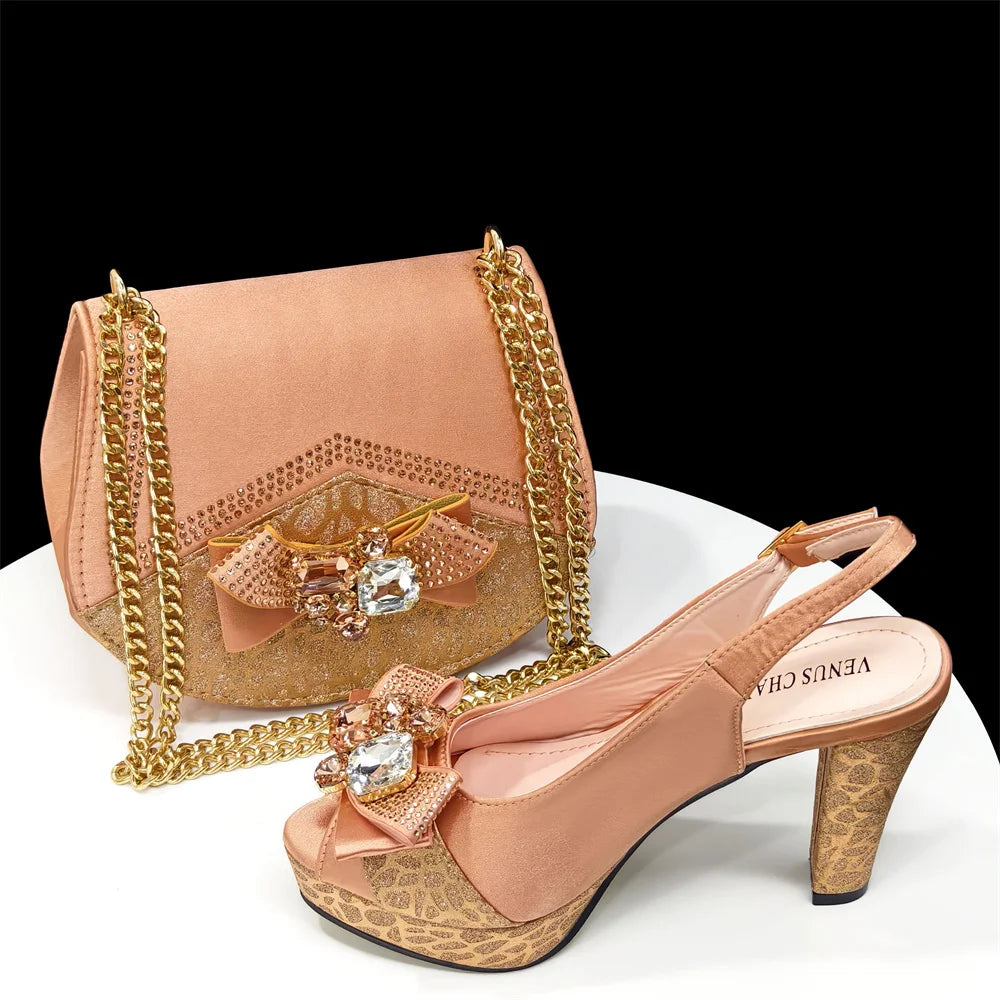Nigerian Women Heel Party Shoes and Bag Set Royal Blue Colour Rhinestone Handbag Italian Design Wedding INS 2024