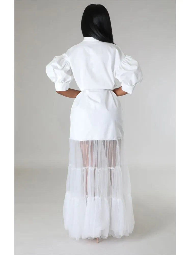 Fashionable White Lace Shirt Short Sleeve Dresses For Women'S Summer New Elegant Lace-up Pocket Lace Shirt Long Dress Female