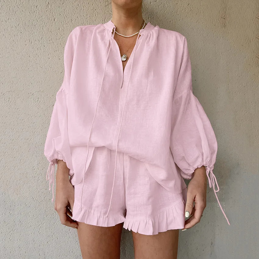 Fashion White Long Sleeve Shirts And Shorts Two Piece Sets Women 2025 Summer Cotton Casual Home 2 Piece Sets Women Outfit