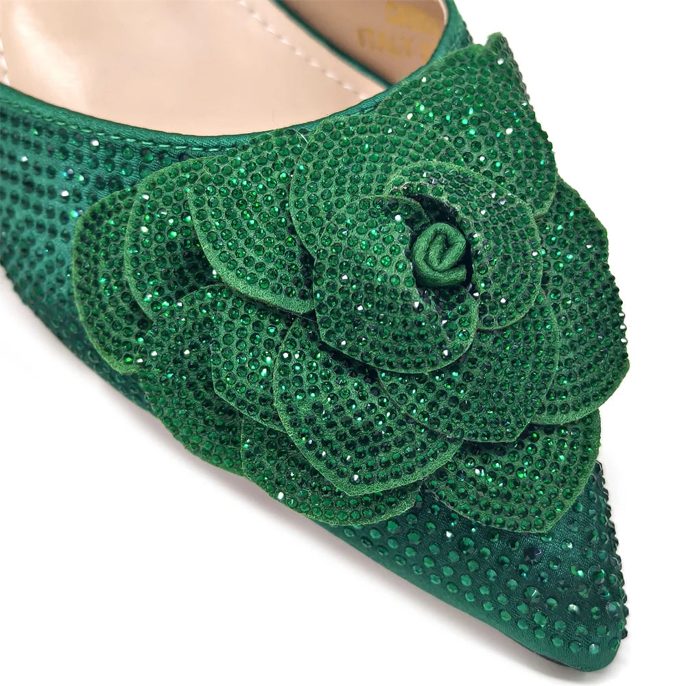 Women's Pointed-Toe Large Flower Decoration Rhinestone Low Heel Italian Shoes and Bags Set