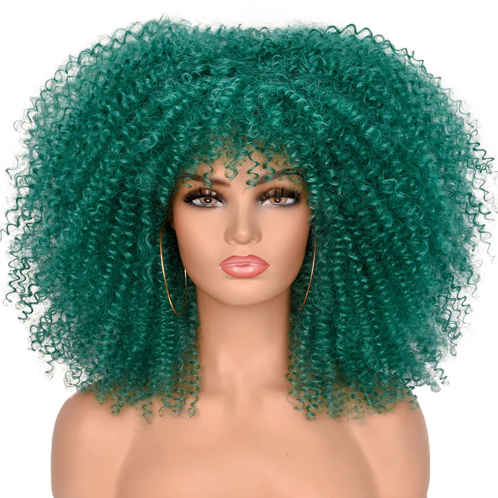 Curly Afro Wigs for Black Women Short Curly Wig with Bangs Kinky Curls Curly Hair Synthetic Wigs for African American Women