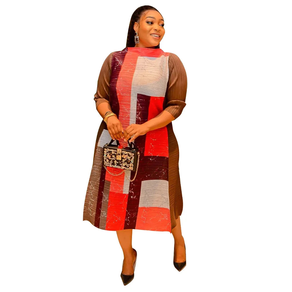 2023 Fashion African 3/4 Sleeve Polyester Plus Size O-Neck Pleated Long Dress Dashiki African Clothes African Dresses for Women