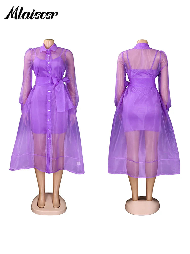 Mlaiscsr African Party Women Elegant Strap Mini Dress and Single Breasted Mesh Shirts Dress 2 Pieces Sets Beach Summer Vestidos