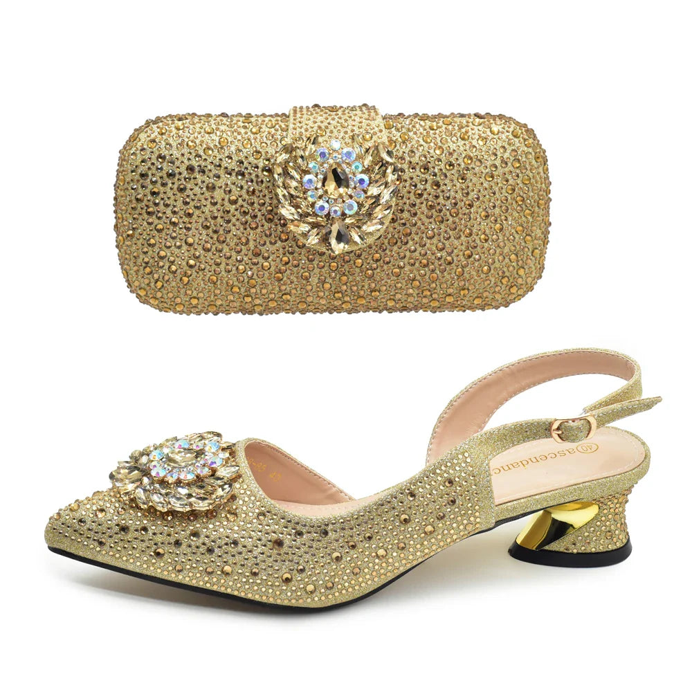 Elegant Italian Women's Rhinstone Pumps Heels Shoes and Bag Set To Match for Weddings and Party