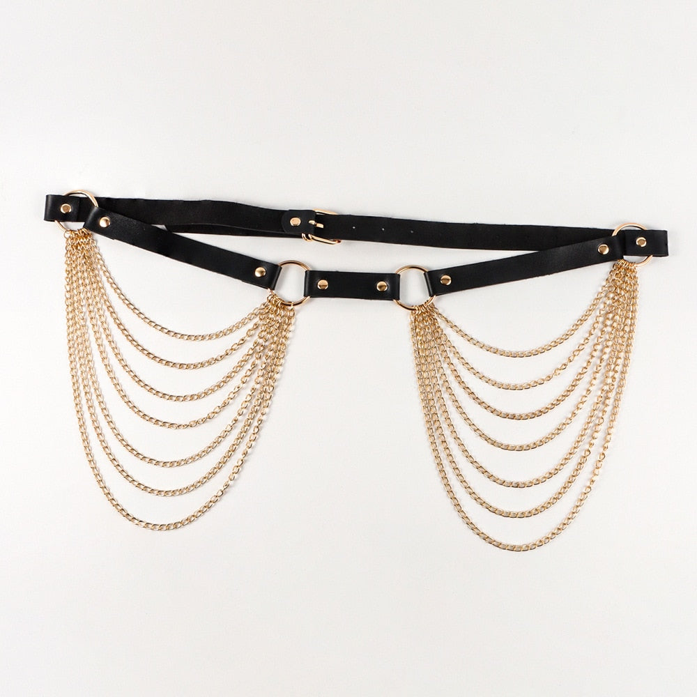 Layered Leather Belt With Chains Body Harness Waist Goth