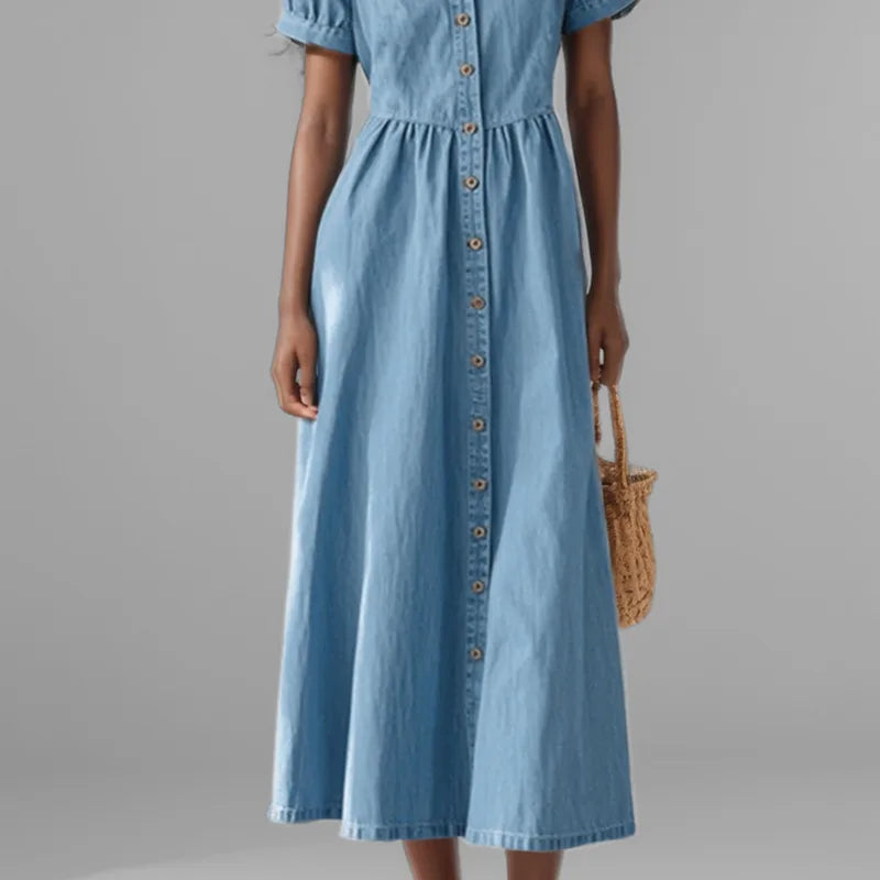 2024 autumn fashion women's blue denim short sleeves dress trendy v-neck single breasted dresses female