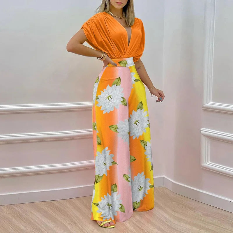 Summer New Printed Pants Sets Women Fashion Raglan Sleeves V-neck Cropped Top High Waist Wide Legs Trousers Two Piece Set Female