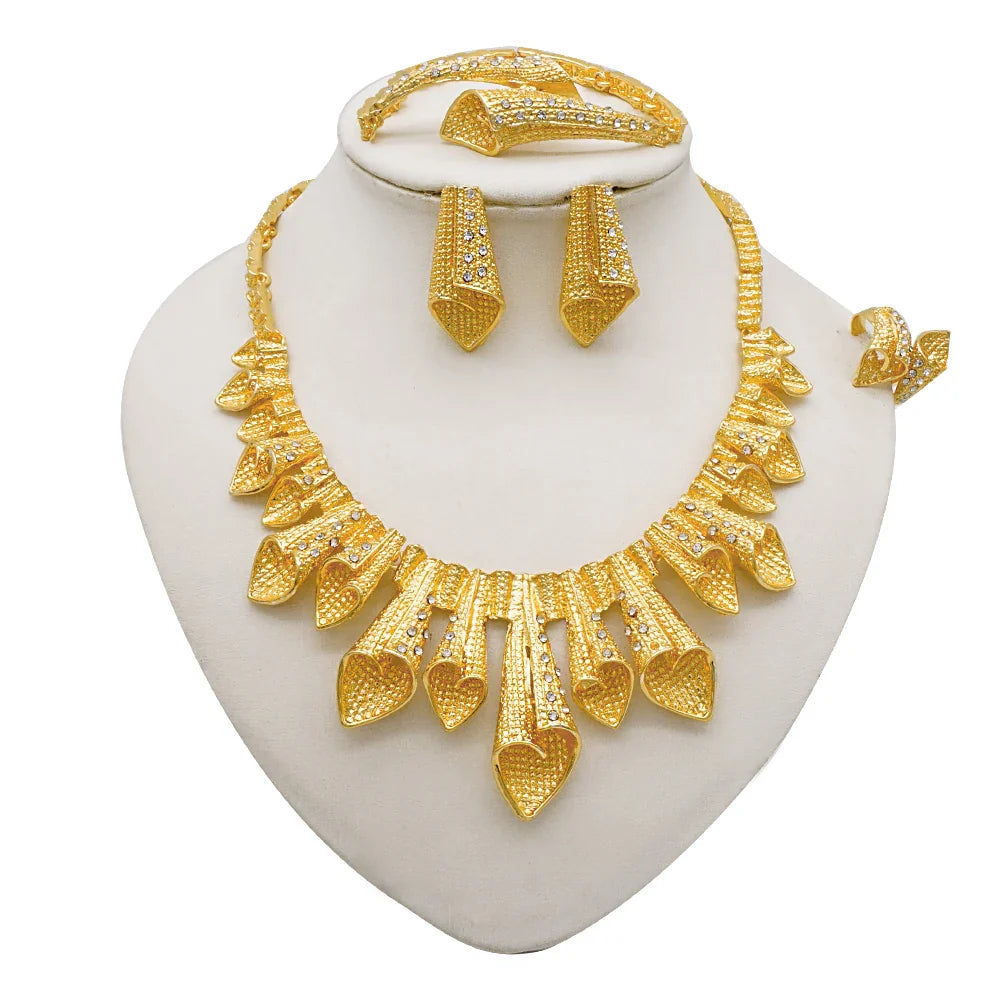 Indian Dubai Gold Color Jewelry Sets For Women Earring & Necklace Nigeria Moroccan Bridal Wedding Party Gifts