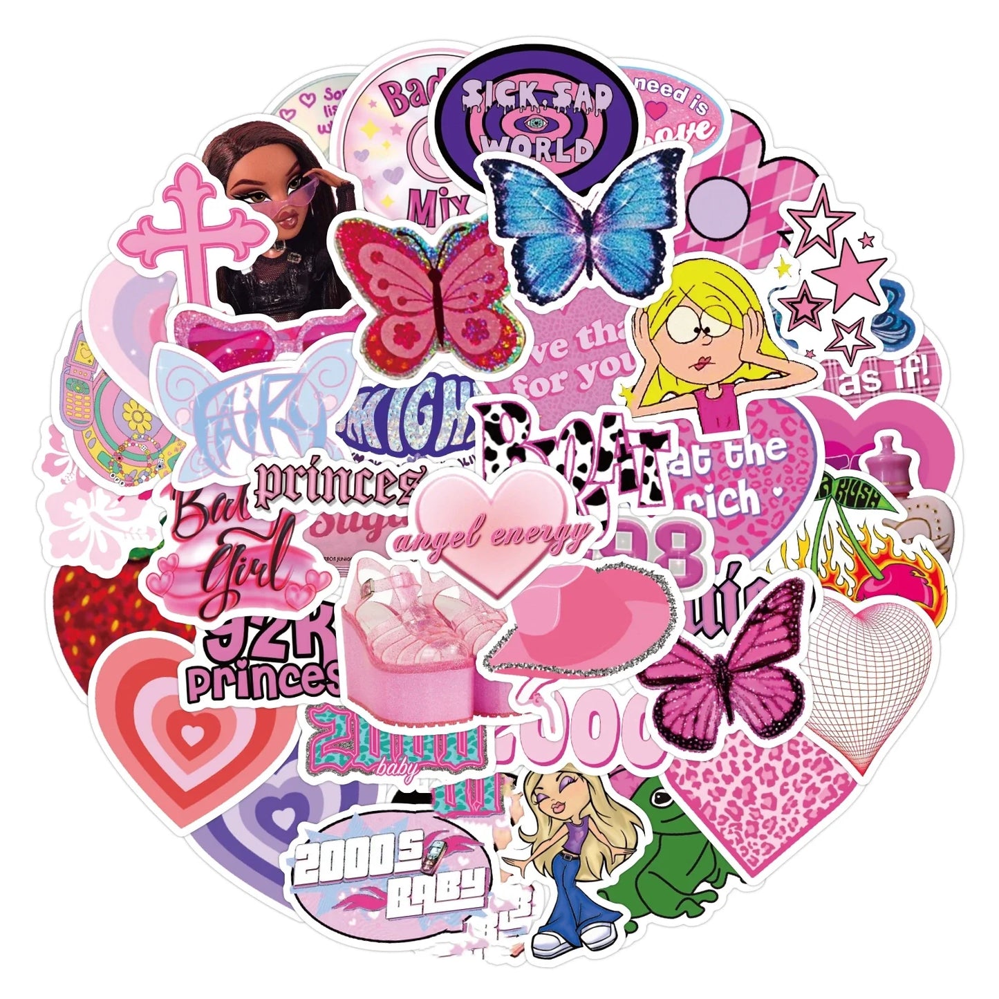 Cute Pink Y2K Aesthetic Stickers Pack - Kawaii Vinyl Decals for Laptop, Water Bottle, Phone Case & Skateboard (10/30/60 Pcs)