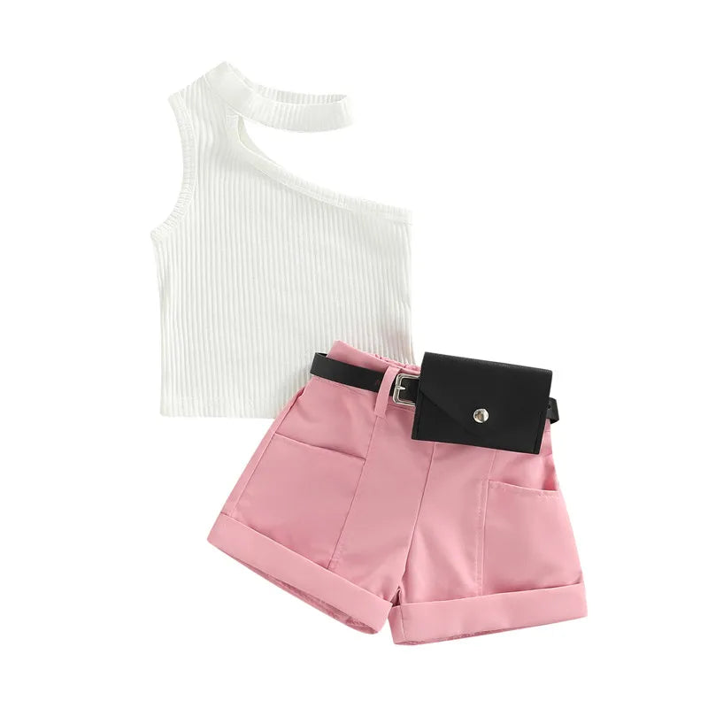 1-5 Years Infant Girl Casual Set Tanks Tops + Shorts + Waist Bag Pockets Decoration Casual Style Girls Summer Clothing Set