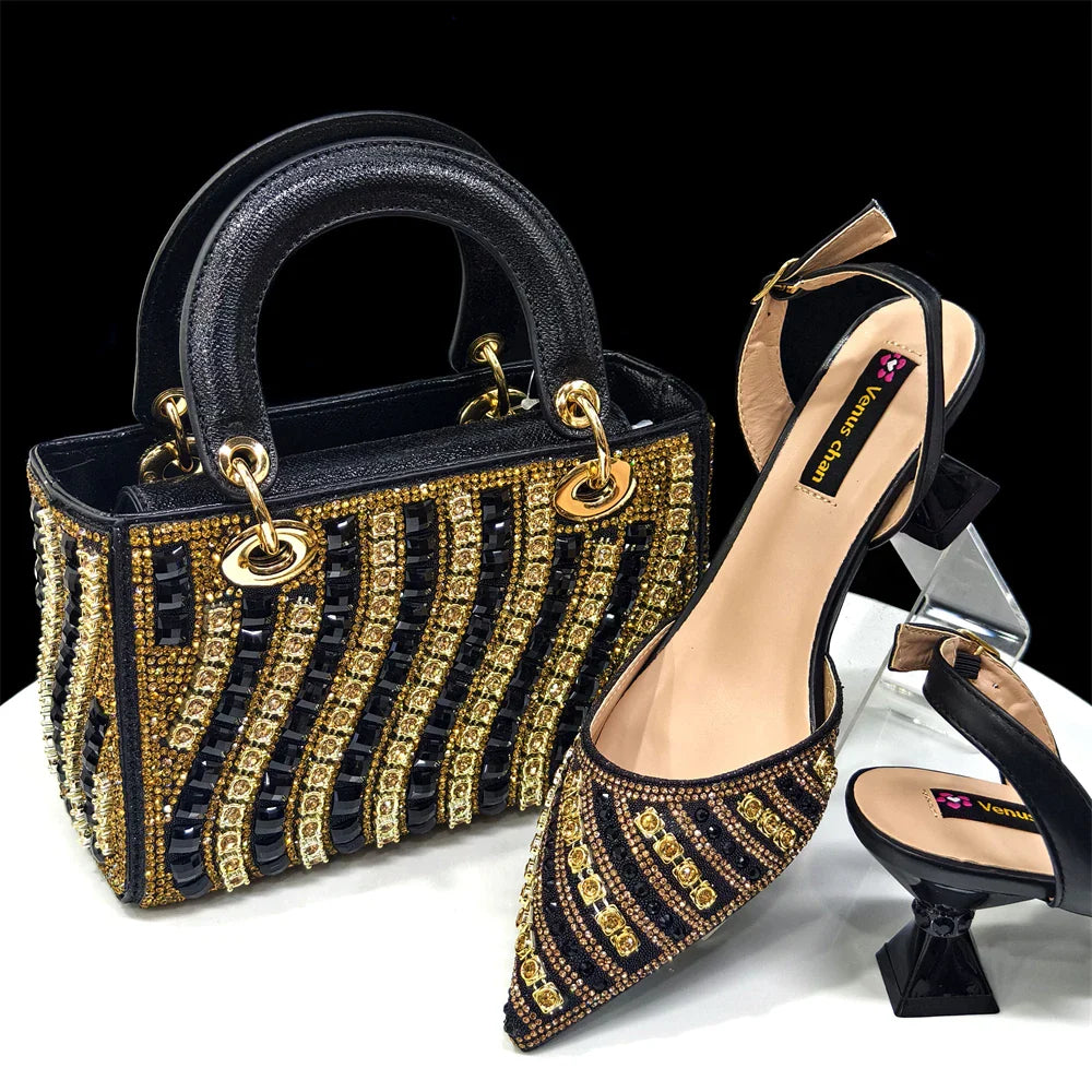 Women's Elegant Heels Rhinestone Handbag Set Italian Design for Weddings
