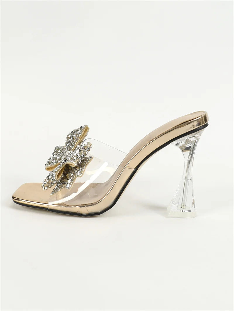 Liyke Fashion Silver Sequined Butterfly Knot Women Transparent Slippers Summer Square Toe Clear High Heels Sandals Female Shoes