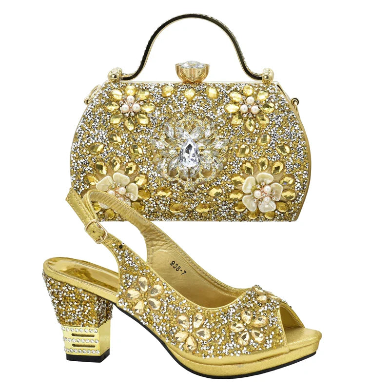 Italian Shoes and Bags Matching Set with Rhinestone Plus Size Shoes Luxury Italian Shoe and Bag Set 2025 Wedding Shoes Bride