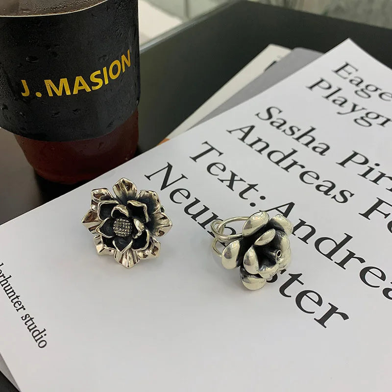 925 Sterling Silver Engagement Rings New Fashion Creative Exaggeration Flower Vintage Punk Party Jewelry Gifts for Women