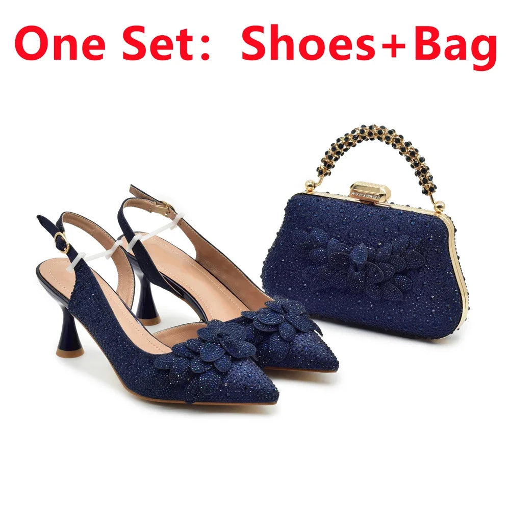 New Arrival Party Shoe and Bag Set for Women Italy Full Diamonds High Heels Luxury Woman Pumps Matching Italian Shoe and Bag Set