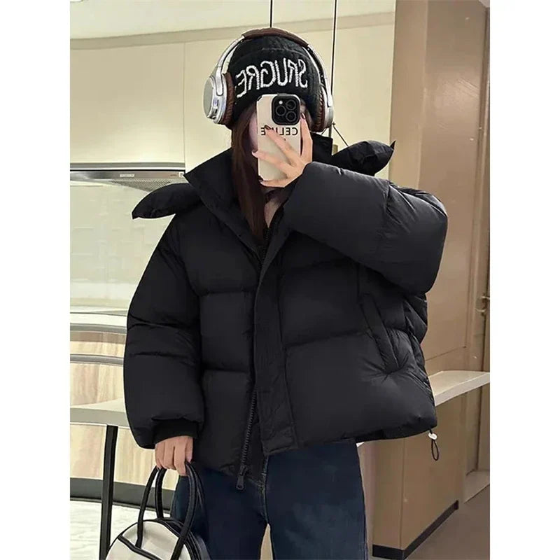 Short Parkas Women Streetwear Cropped Down Coat Korean Sweet Puffer Jacket Winter Solid Casual All Match Cotton Padded Outwear